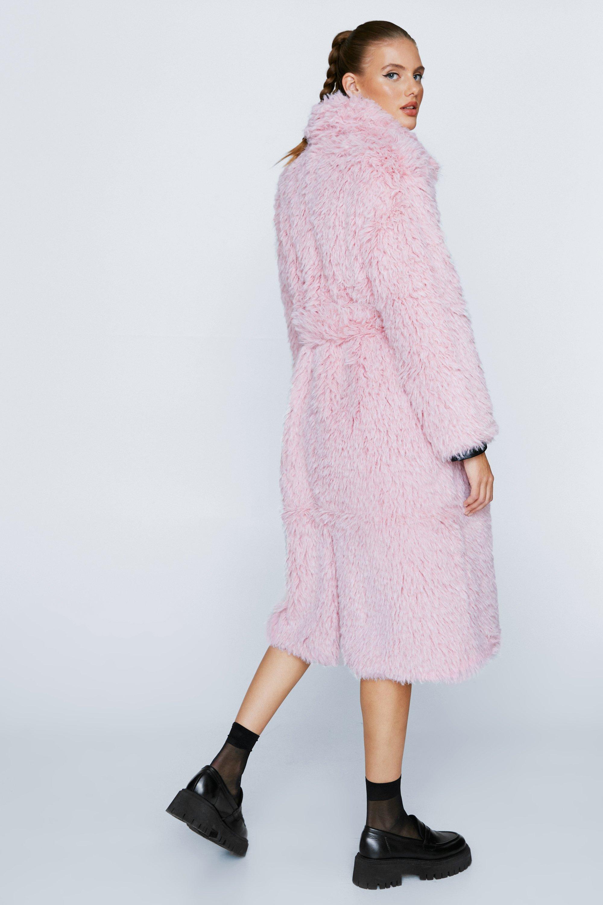 Pink faux fur longline on sale coat